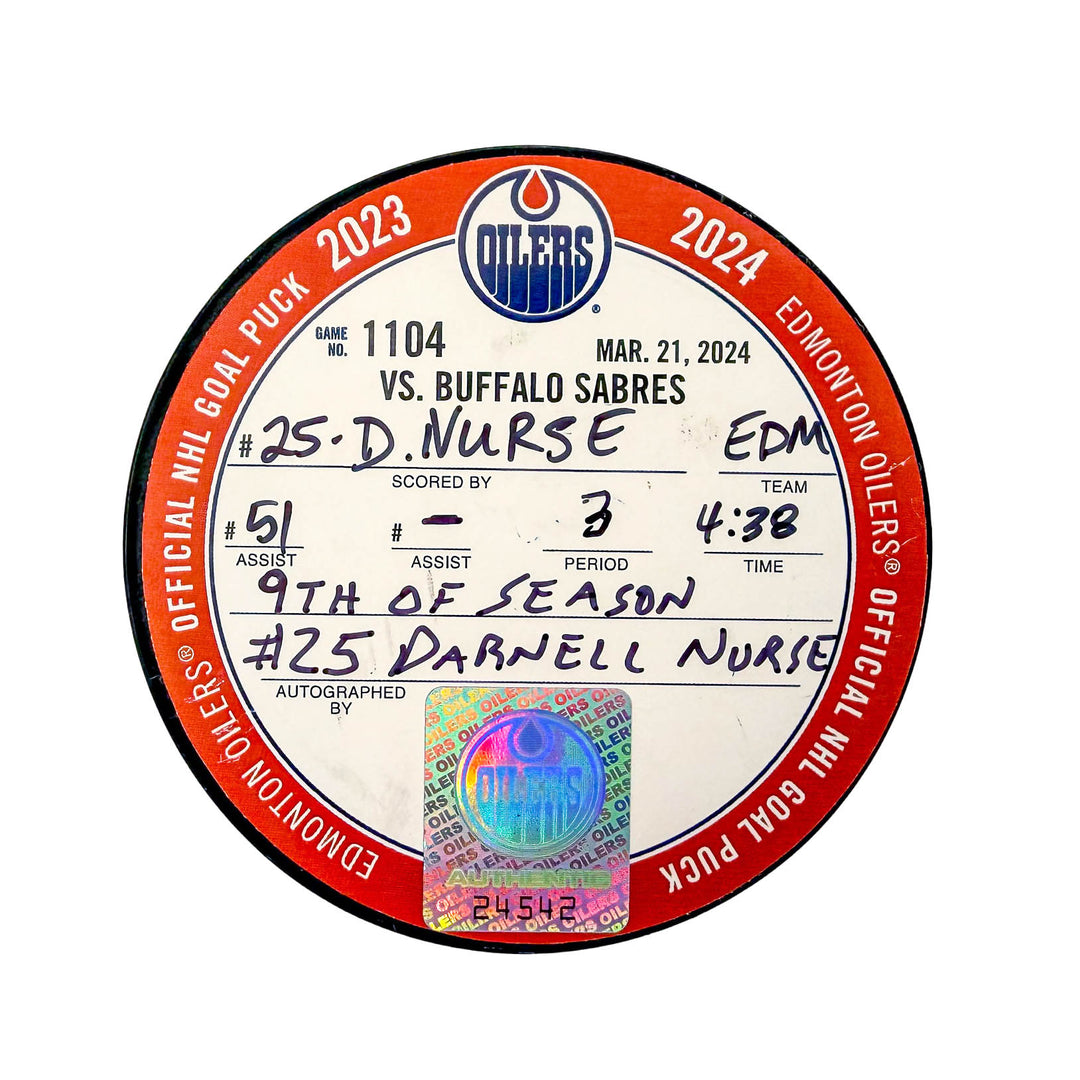 Darnell Nurse Edmonton Oilers Autographed Goal Puck - Mar. 21/2024 vs Buffalo Sabres #24542