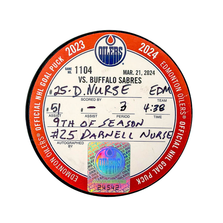 Darnell Nurse Edmonton Oilers Autographed Goal Puck - Mar. 21/2024 vs Buffalo Sabres #24542