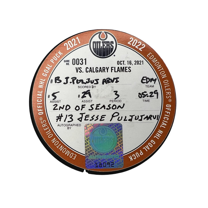 Jesse Puljujarvi Edmonton Oilers Autographed Goal Puck - Oct. 16/2021 vs Calgary Flames #18092