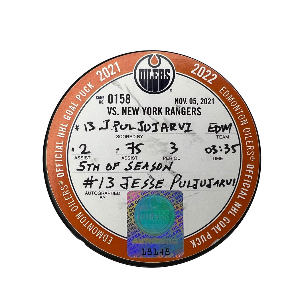 Jesse Puljujarvi Edmonton Oilers Autographed Goal Puck - Nov. 5/2021 vs New York Rangers #18148