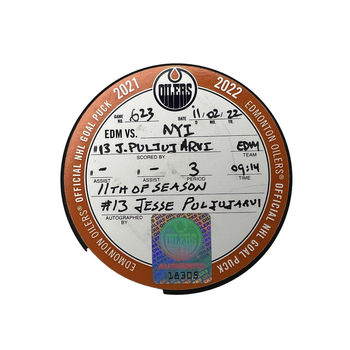 Jesse Puljujarvi Edmonton Oilers Autographed Goal Puck - Feb. 11/2022 vs New York Islanders #18305