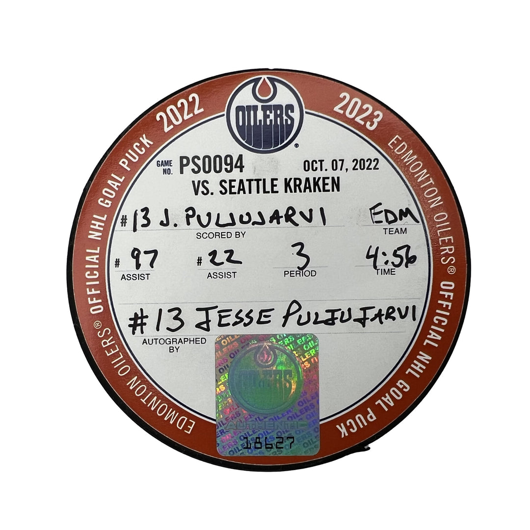 Jesse Puljujarvi Edmonton Oilers Autographed Preseason Goal Puck - Oct. 7/2022 vs Seattle Kraken #18627