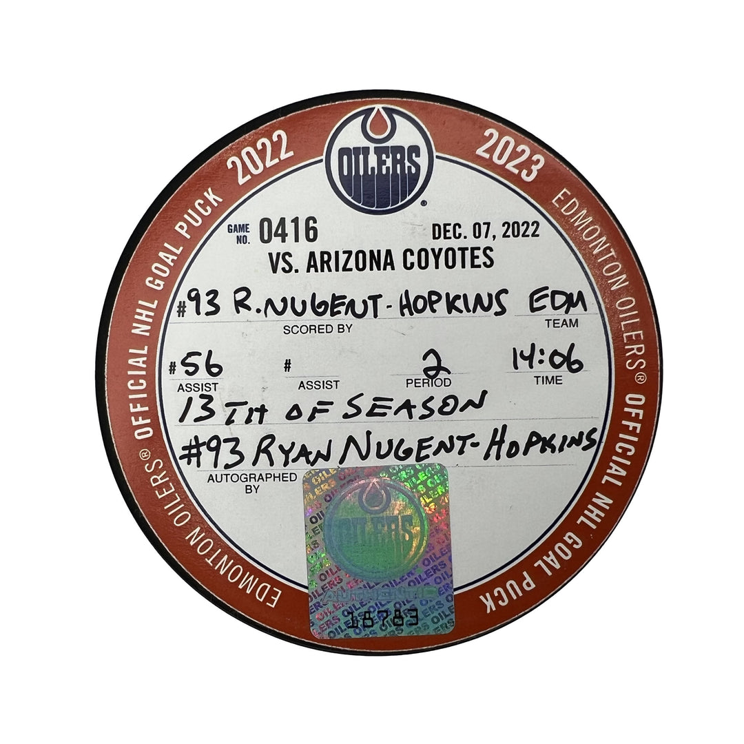 Ryan Nugent-Hopkins Edmonton Oilers Autographed Goal Puck - Dec. 7/2022 vs Arizona Coyotes #18783