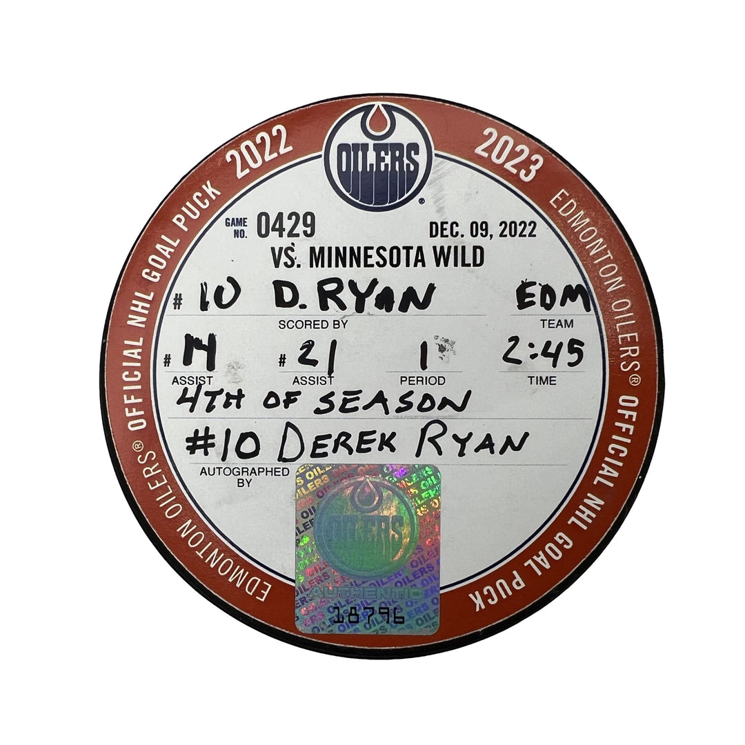 Derek Ryan Edmonton Oilers Autographed Goal Puck - Dec. 9/2022 vs Minnesota Wild #18796