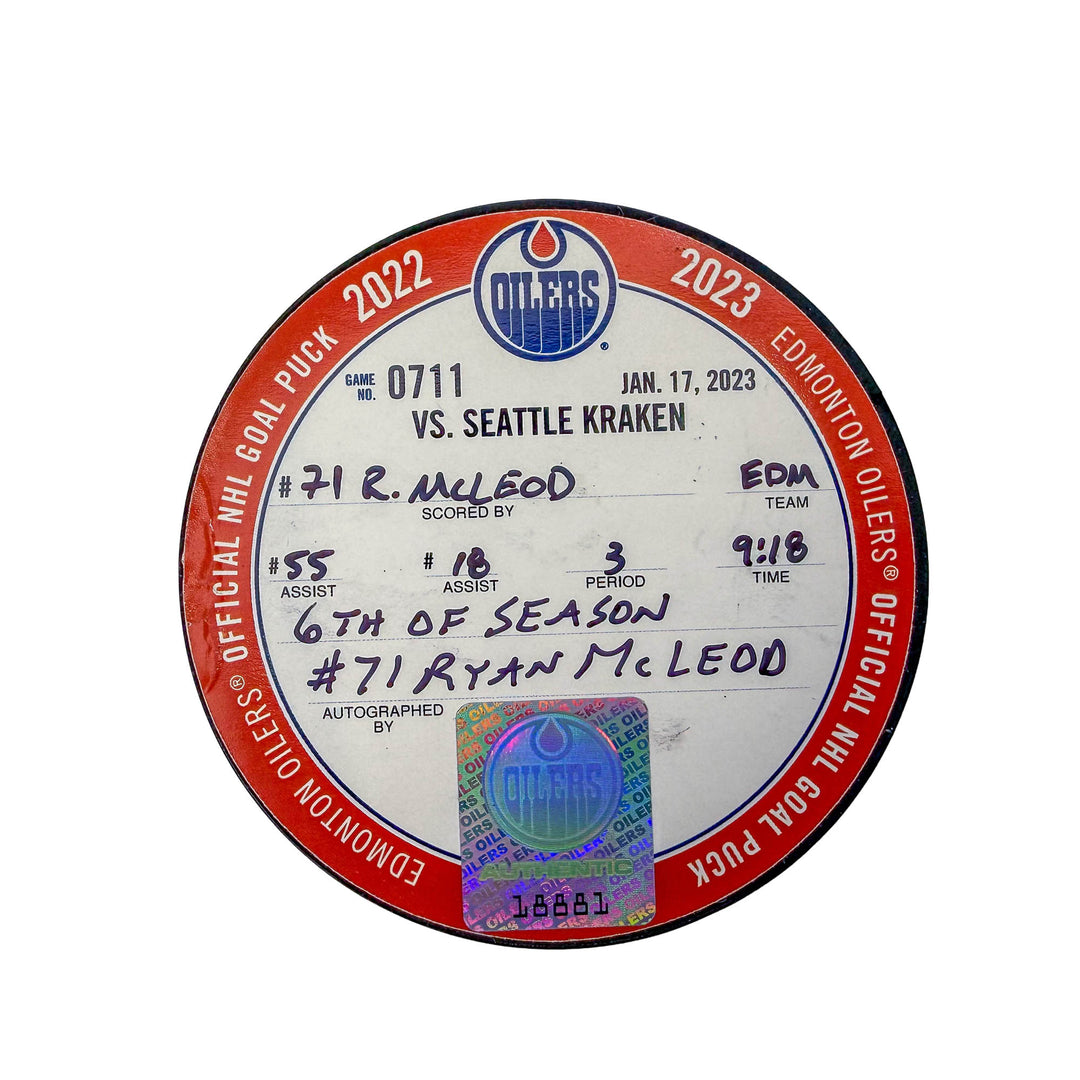 Ryan McLeod Edmonton Oilers Autographed Goal Puck - Jan. 17/2023 vs Seattle Kraken #18881