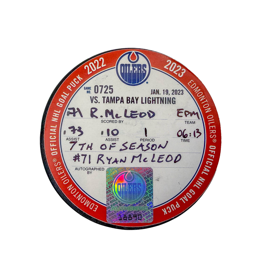 Ryan McLeod Edmonton Oilers Autographed Goal Puck - Jan. 19/2023 vs Tampa Bay Lightning #18890