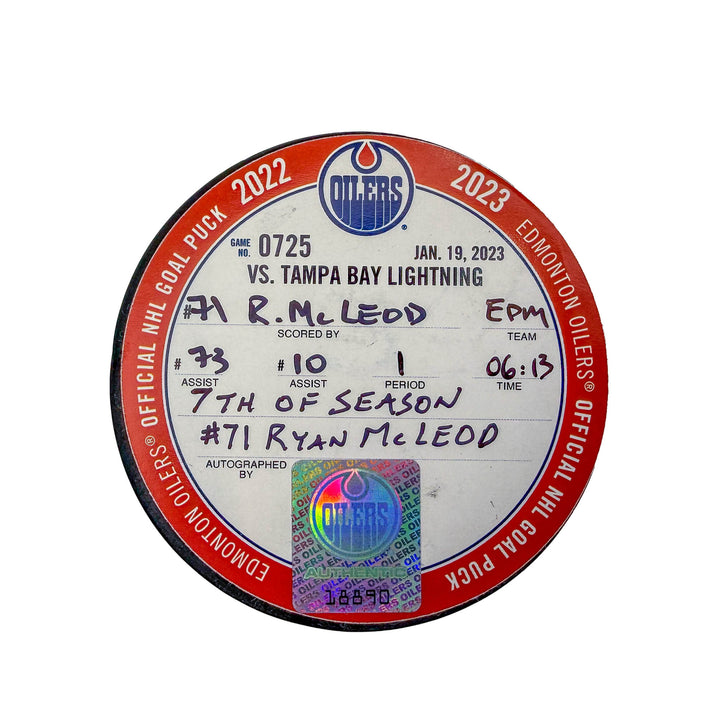 Ryan McLeod Edmonton Oilers Autographed Goal Puck - Jan. 19/2023 vs Tampa Bay Lightning #18890