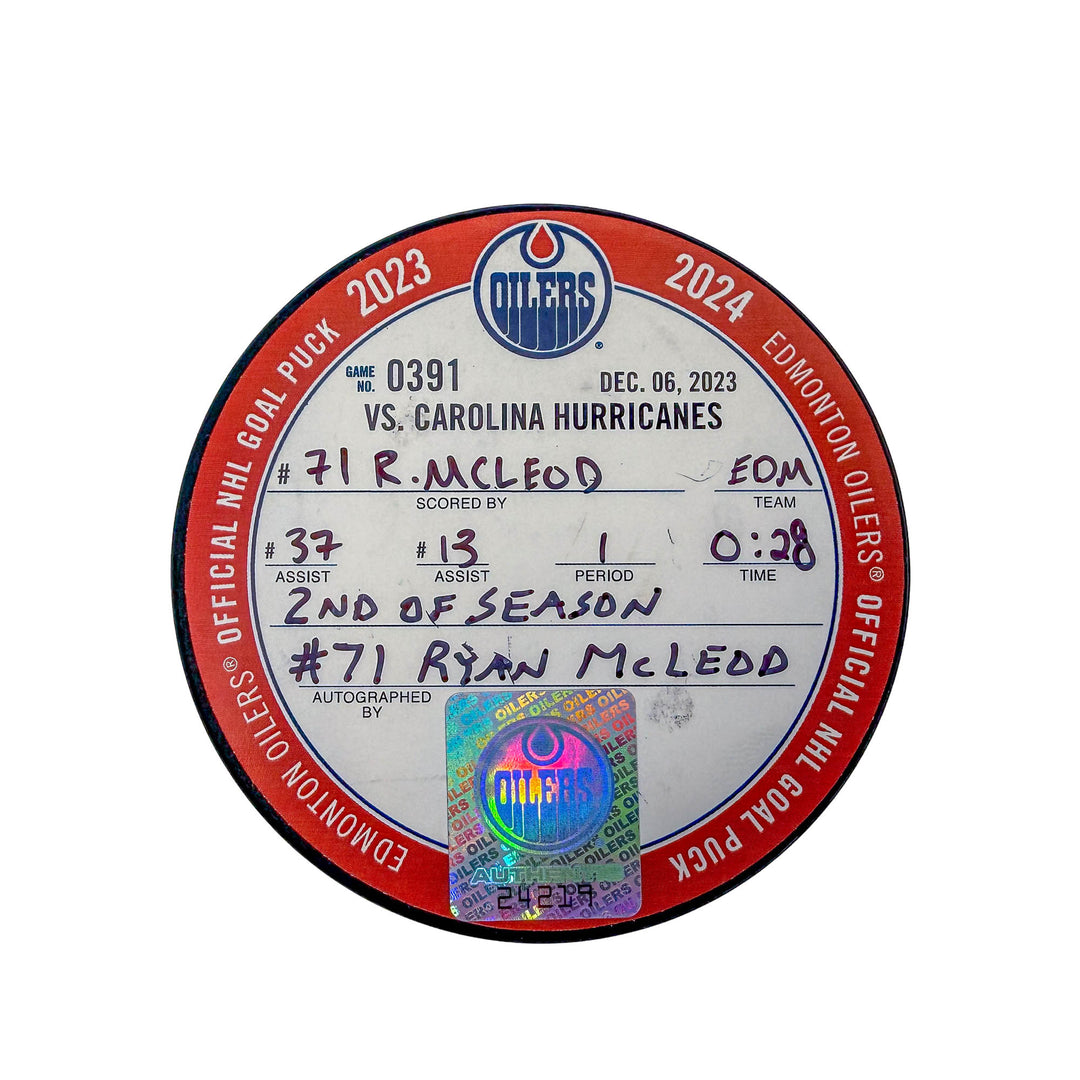 Ryan McLeod Oilers Autographed Goal Puck - Dec. 6/2023 vs Carolina Hurricanes #24219