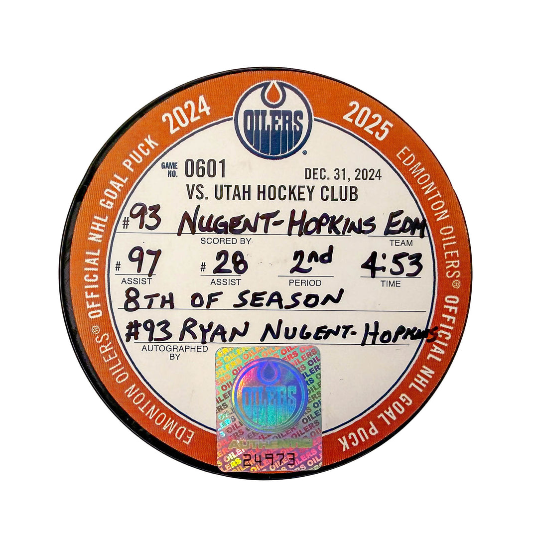 Ryan Nugent-Hopkins Edmonton Oilers Autographed Goal Puck - Dec. 31/2024 vs Utah Mammoth #24973