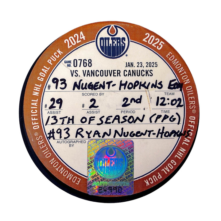 Ryan Nugent-Hopkins Edmonton Oilers Autographed Goal Puck - Jan. 23/2025 vs Vancouver Canucks #24990