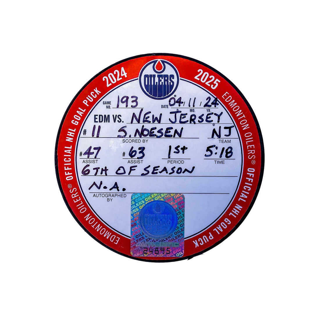 Stefan Noesen New Jersey Devils Goal Puck - Nov. 4/2024 vs Edmonton Oilers #24895