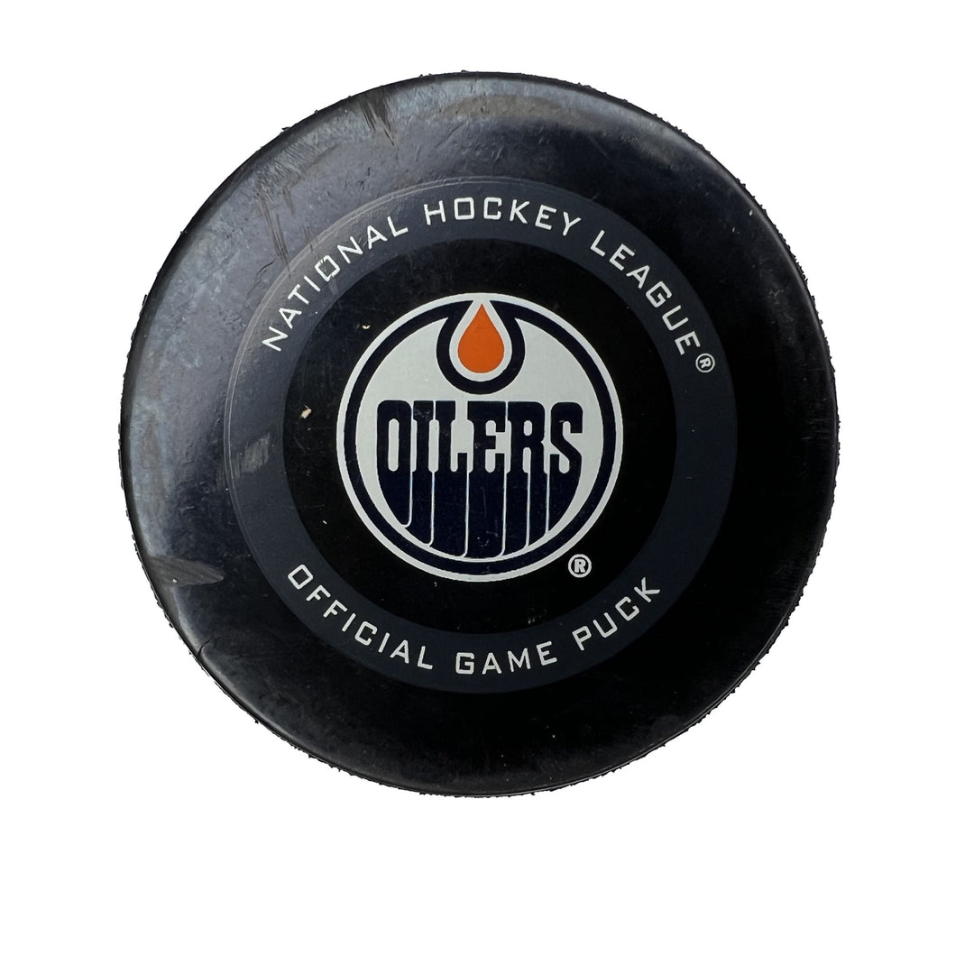 Riley Sheahan Edmonton Oilers Goal Puck - Feb. 11/2020 vs Chicago Blackhawks