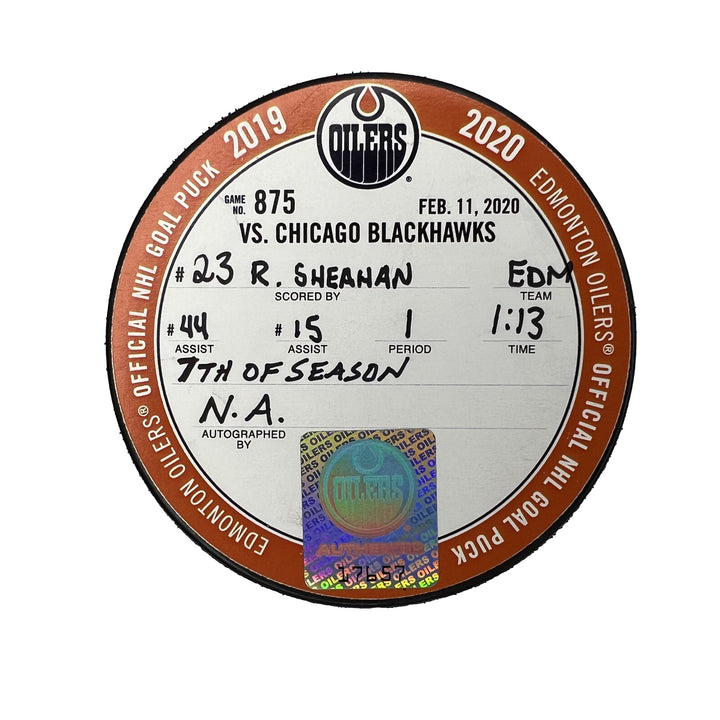 Riley Sheahan Edmonton Oilers Goal Puck - Feb. 11/2020 vs Chicago Blackhawks