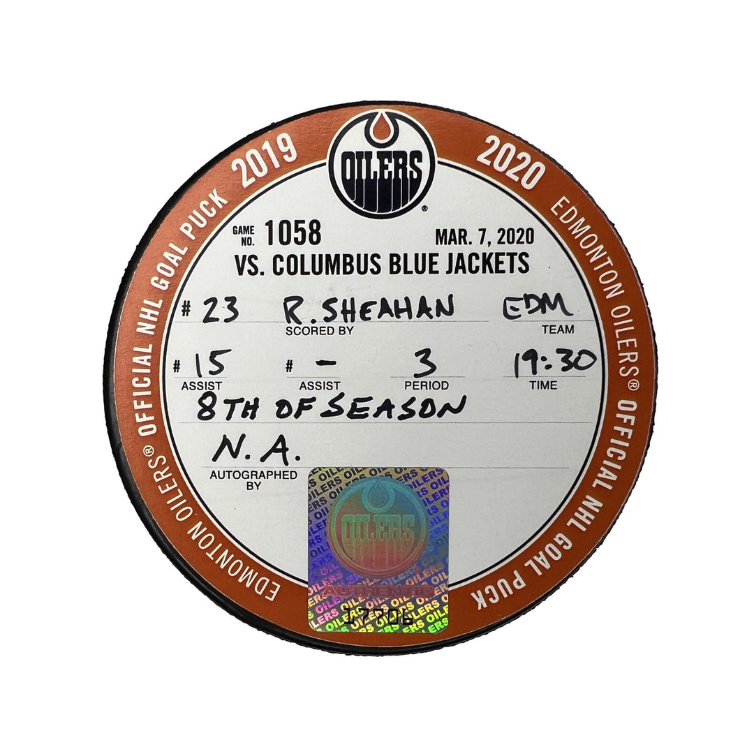 Riley Sheahan Edmonton Oilers Goal Puck - Mar. 7/2020 vs Columbus Blue Jackets