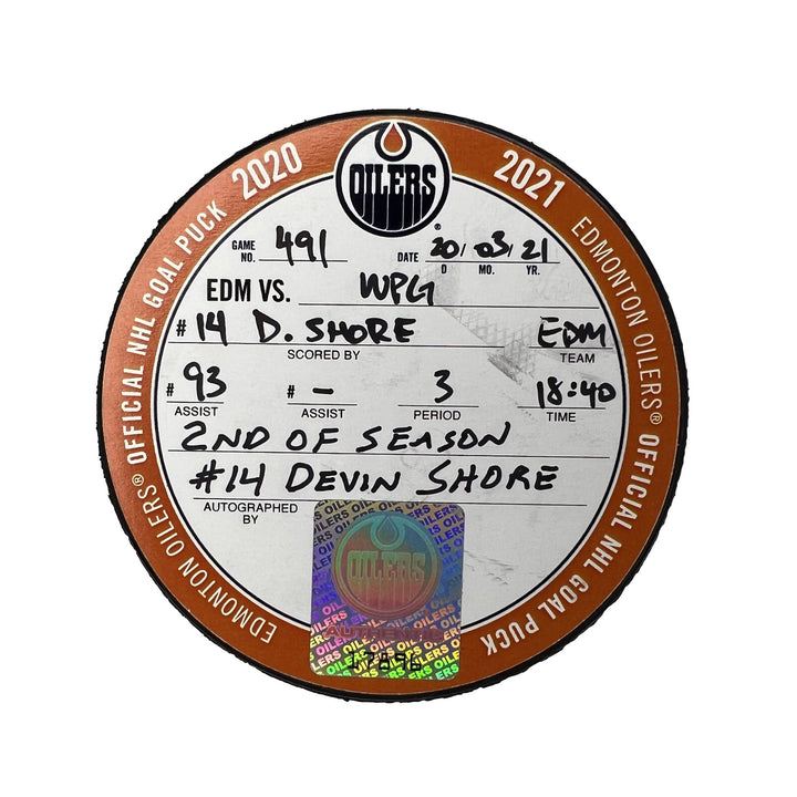Devin Shore Autographed Edmonton Oilers Goal Puck - Mar. 20/2021 vs Winnipeg Jets
