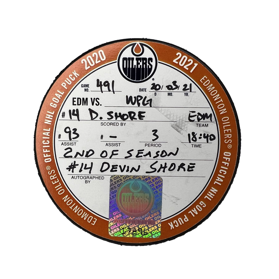 Devin Shore Autographed Edmonton Oilers Goal Puck - Mar. 20/2021 vs Winnipeg Jets