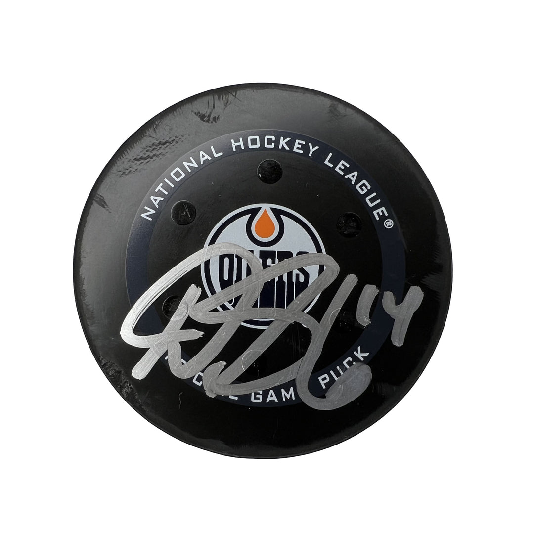 Devin Shore Edmonton Oilers Autographed Preseason Goal Puck - Oct. 2/2021 vs Winnipeg Jets #18033