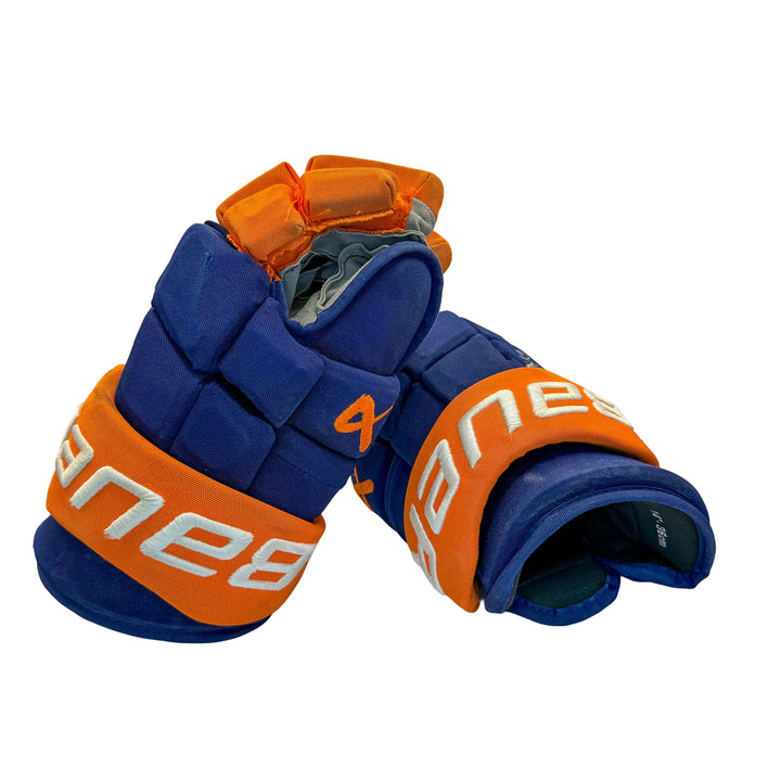Trent Frederic Edmonton Oilers Signed Game Worn 2025-26 Bauer Royal Hockey Gloves #26503
