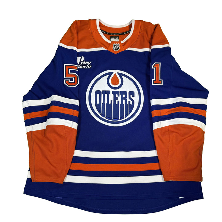 Troy Stecher Edmonton Oilers Game Worn Jersey - 2024-25 Playoffs Royal Blue Set #1 - C00408
