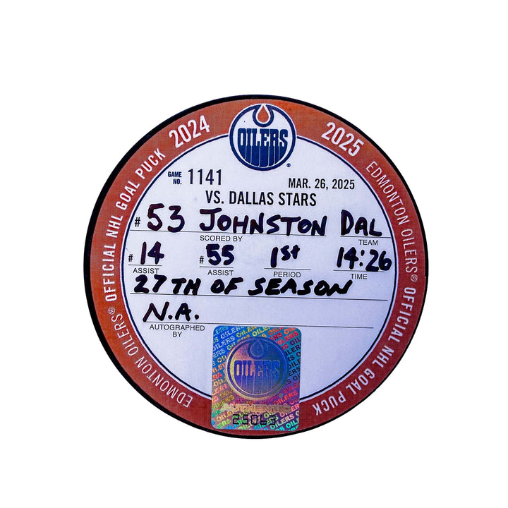 Wyatt Johnston Dallas Stars Goal Puck - Mar. 26/2025 vs Edmonton Oilers #25063