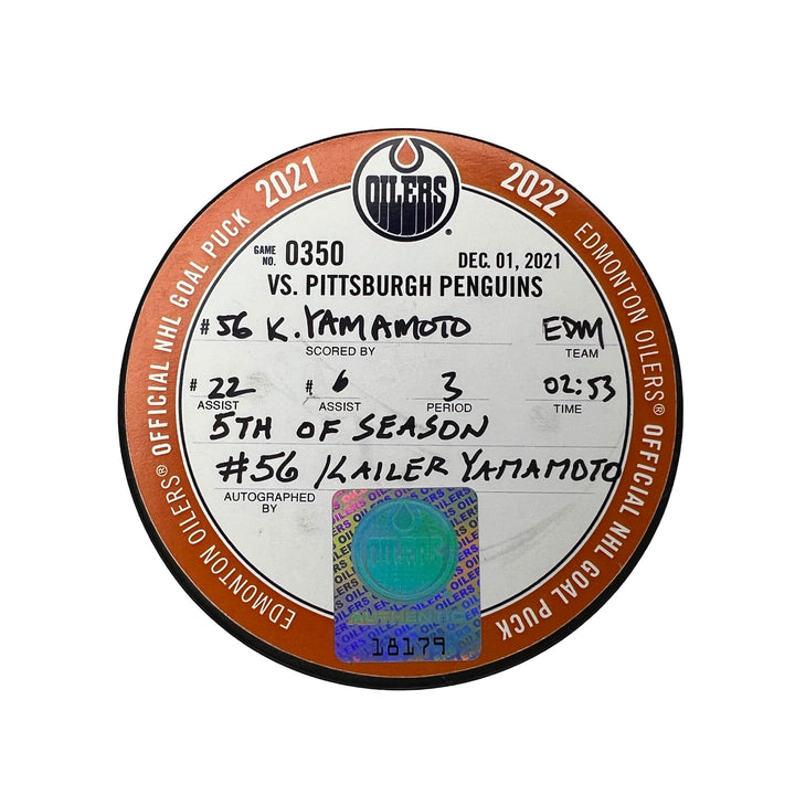 Kailer Yamamoto Edmonton Oilers Autographed Goal Puck - Dec. 1/2021 vs Pittsburgh Penguins #18179