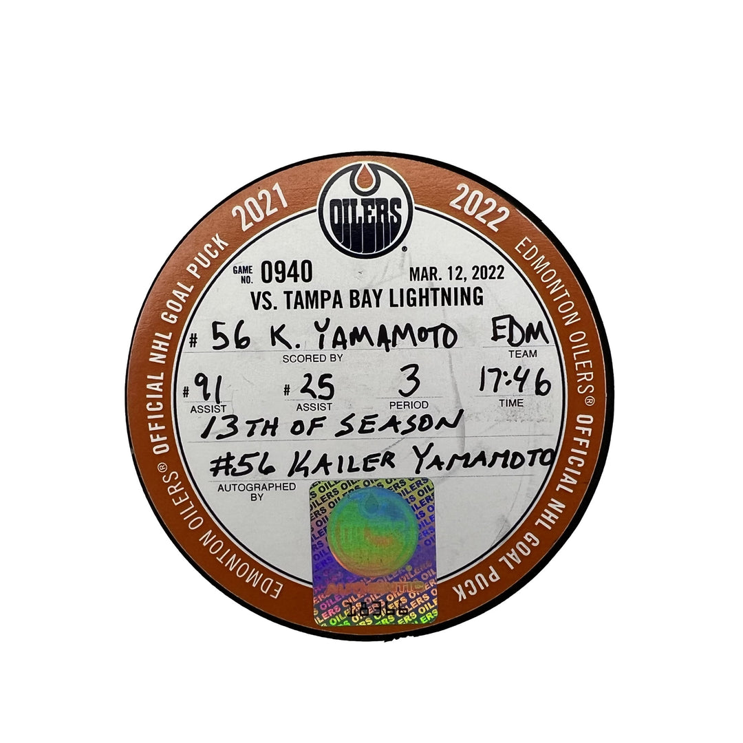 Kailer Yamamoto Edmonton Oilers Autographed Goal Puck - Mar. 12/2022 vs Tampa Bay Lightning #18366