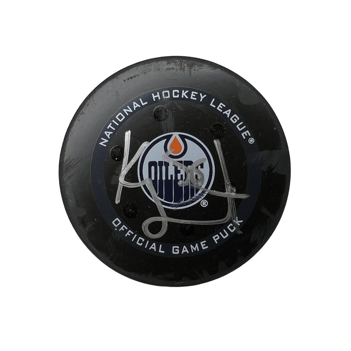 Kailer Yamamoto Edmonton Oilers Autographed Goal Puck - Mar. 12/2022 vs Tampa Bay Lightning #18366