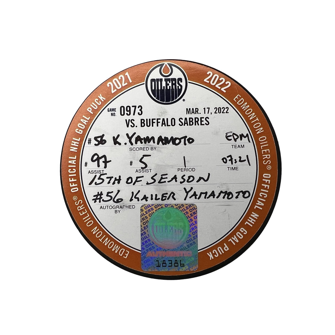 Kailer Yamamoto Edmonton Oilers Autographed Goal Puck - Mar. 17/2022 vs Buffalo Sabres #18386