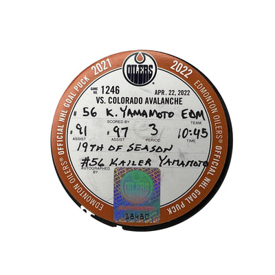 Kailer Yamamoto Edmonton Oilers Autographed Goal Puck - Apr. 22/2022 vs Colorado Avalanche #18480