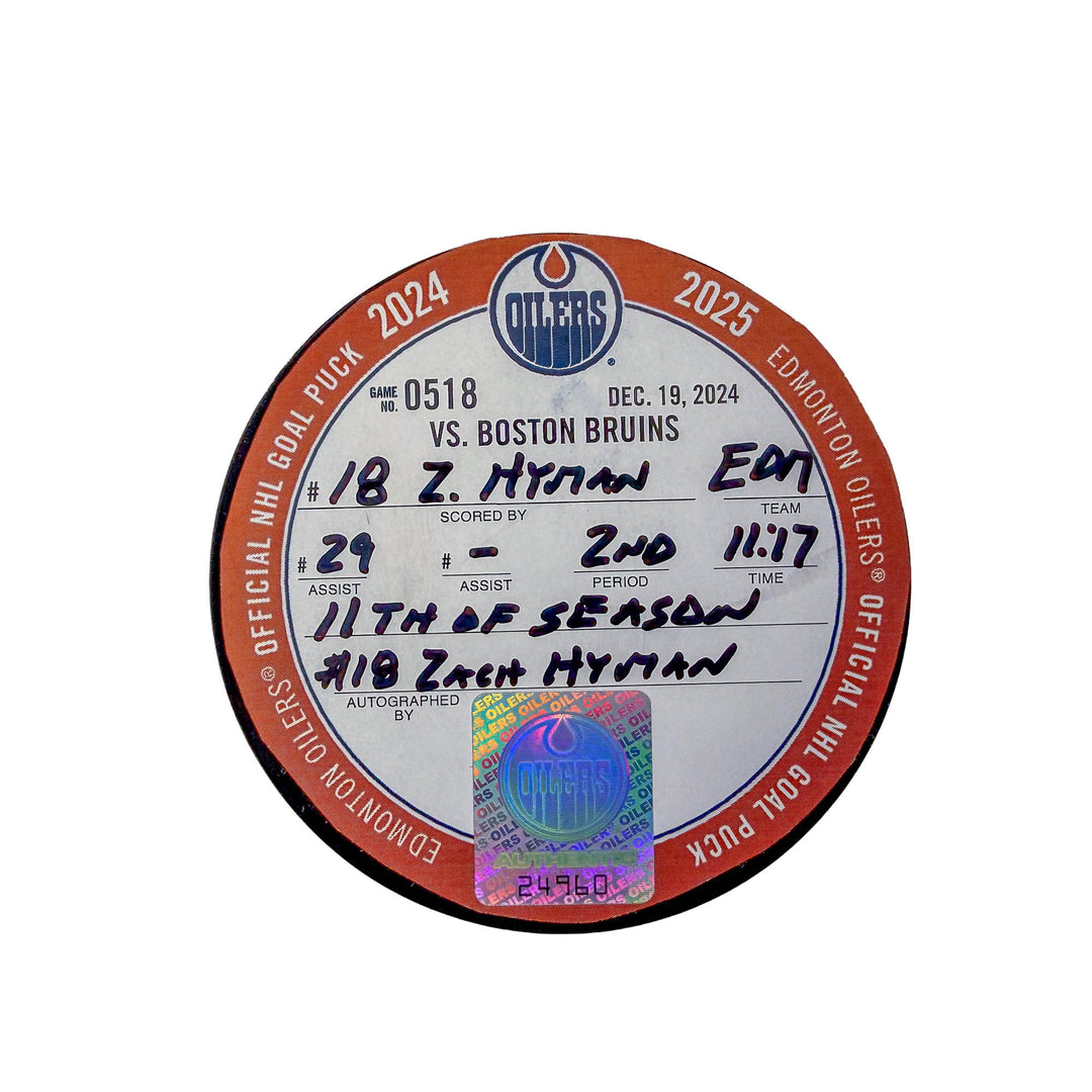 Zach Hyman Edmonton Oilers Autographed Goal Puck - Dec. 19/2024 vs Boston Bruins #24960