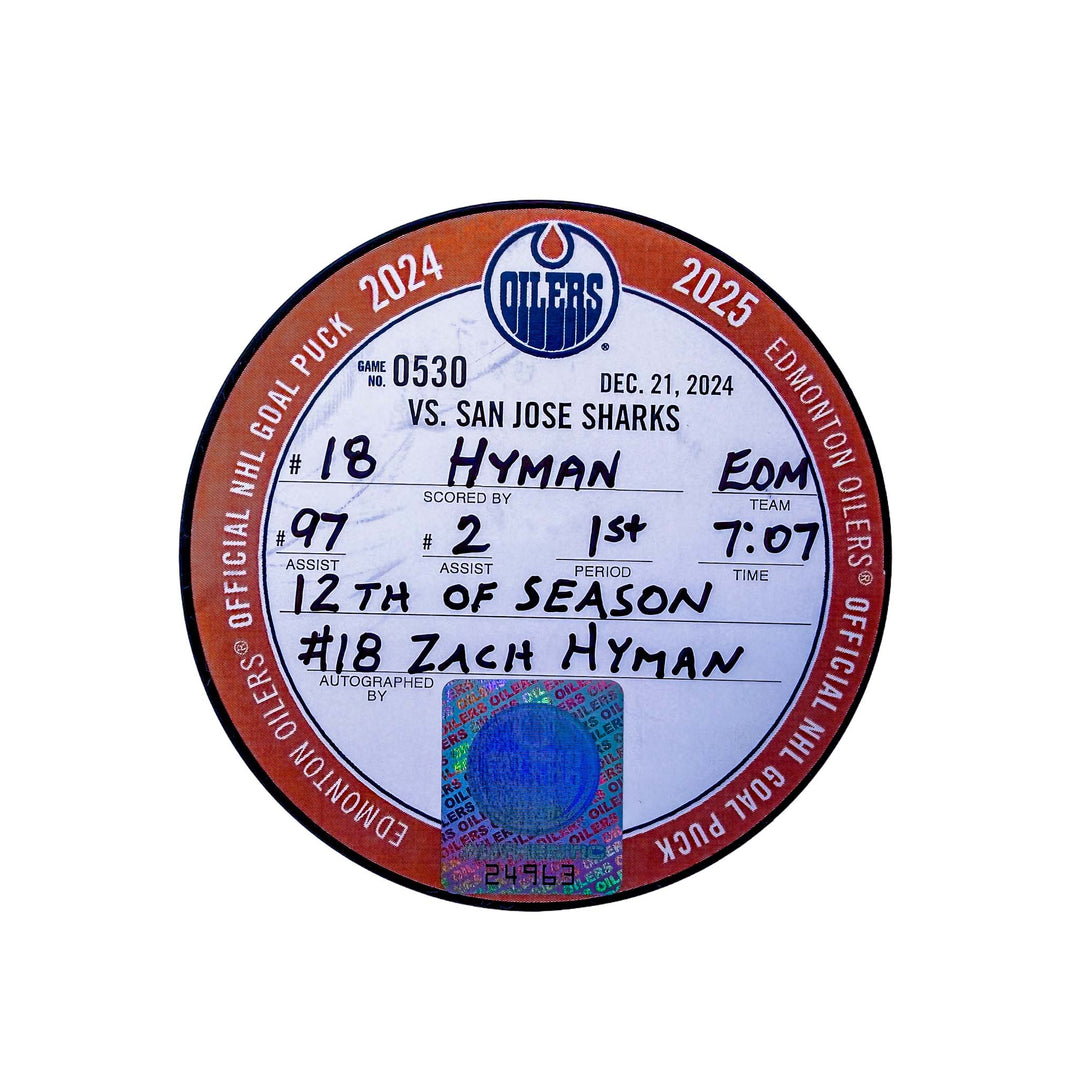 Zach Hyman Edmonton Oilers Autographed Goal Puck - Dec. 21/2024 vs San Jose Sharks #24963