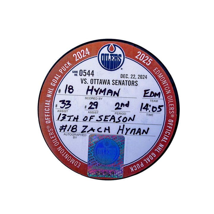 Zach Hyman Edmonton Oilers Autographed Goal Puck - Dec. 22/2024 vs Ottawa Senators #24969