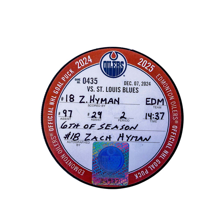 Zach Hyman Edmonton Oilers Autographed Goal Puck - Dec. 7/2024 vs St. Louis Blues #24937