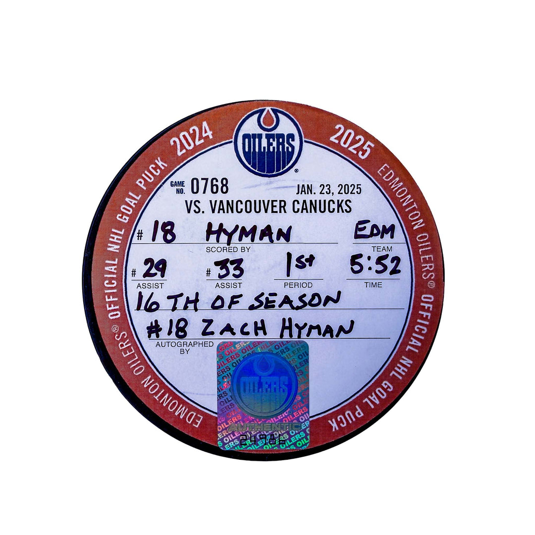Zach Hyman Edmonton Oilers Autographed Goal Puck - Jan. 23/2025 vs Vancouver Canucks #24986