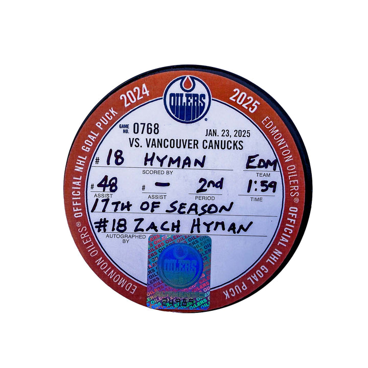Zach Hyman Edmonton Oilers Autographed Goal Puck - Jan. 23/2025 vs Vancouver Canucks #24989