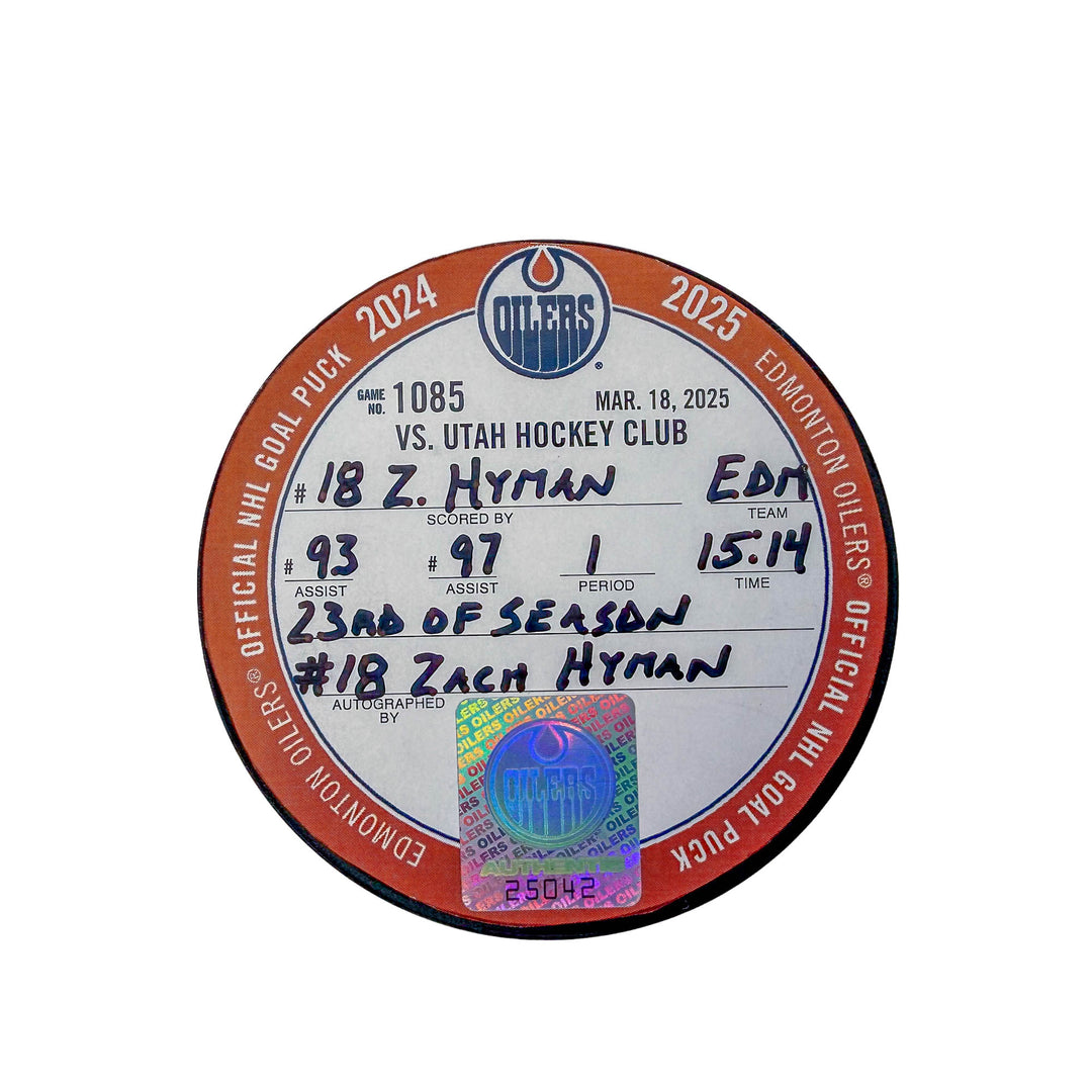 Zach Hyman Edmonton Oilers Autographed Goal Puck - Mar. 18/2025 vs Utah Hockey Club (Mammoth) #25042