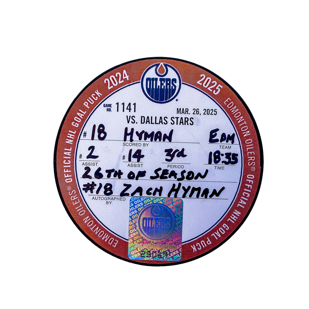 Zach Hyman Edmonton Oilers Autographed Goal Puck - Mar. 26/2025 vs Dallas Stars #25069