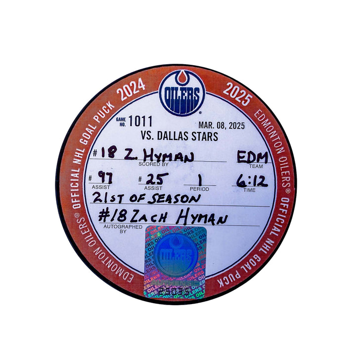 Zach Hyman Edmonton Oilers Autographed Goal Puck - Mar. 8/2025 vs Dallas Stars #25035