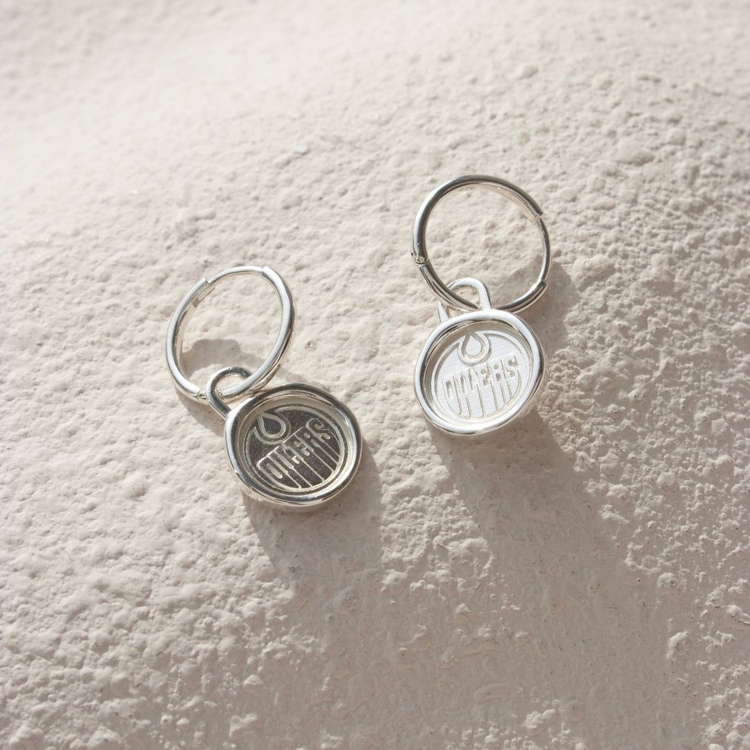 Edmonton Oilers So Pretty Cara Cotter Silver Wax Seal Charm Hoop Earrings