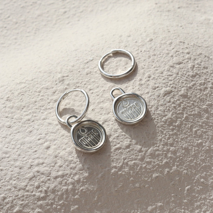 Edmonton Oilers So Pretty Cara Cotter Silver Wax Seal Charm Hoop Earrings