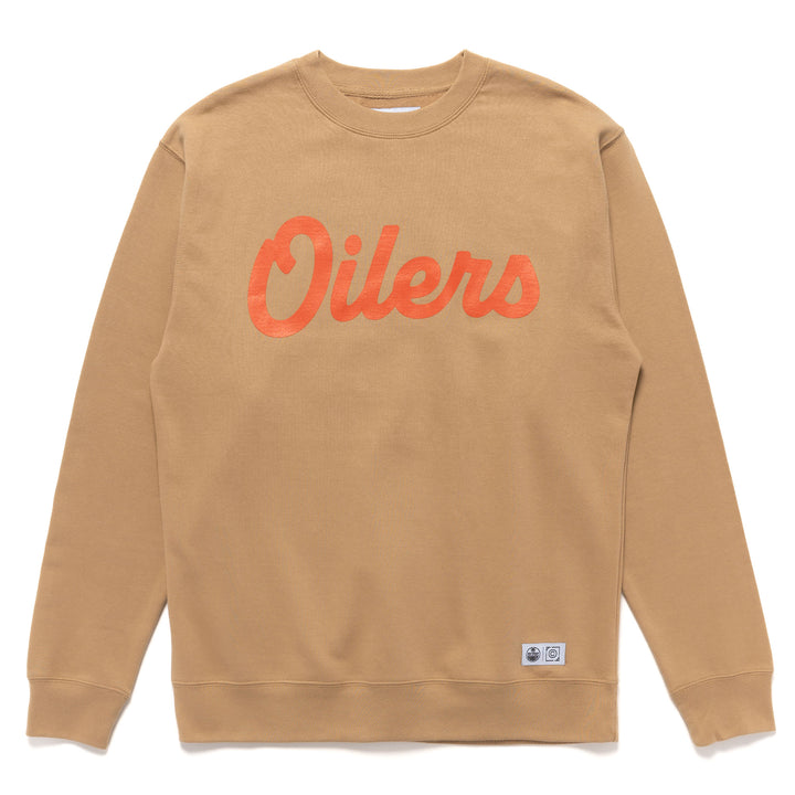 Edmonton Oilers Local Soft Goods Khaki Vintage Script Crewneck Sweatshirt