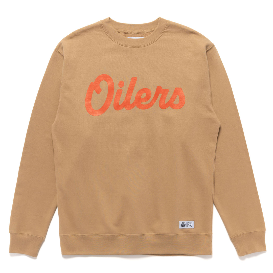 Edmonton Oilers Local Soft Goods Khaki Vintage Script Crewneck Sweatshirt