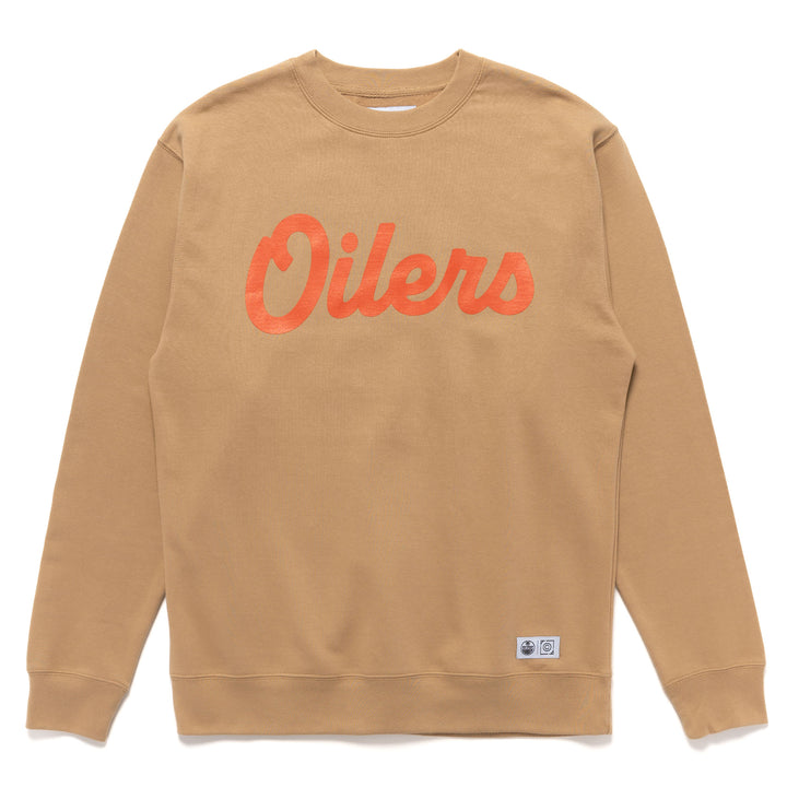Edmonton Oilers Local Soft Goods Khaki Vintage Script Crewneck Sweatshirt