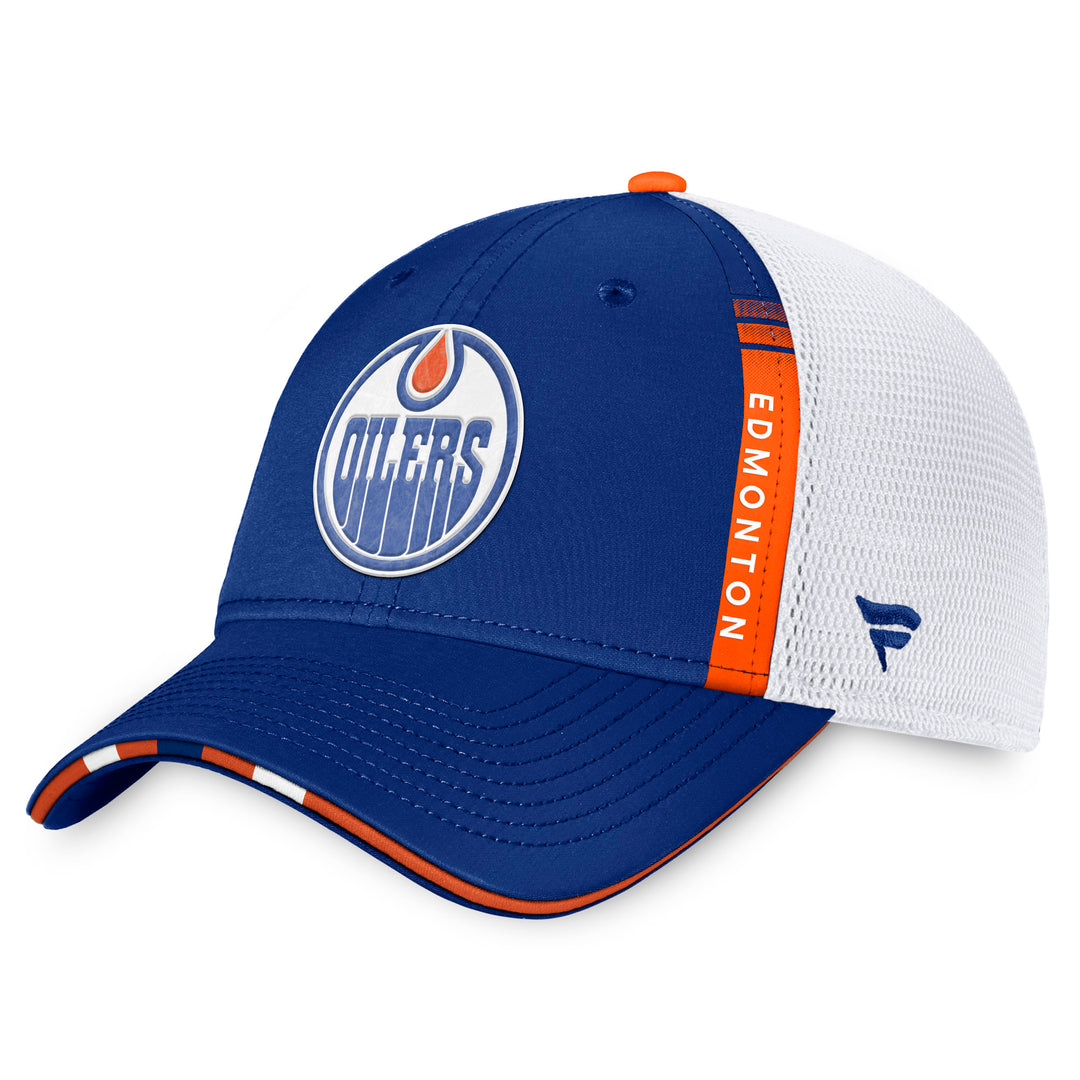 Edmonton Oilers Fanatics Blue/White 2022 NHL Draft Pro On Stage Snapback Trucker Hat