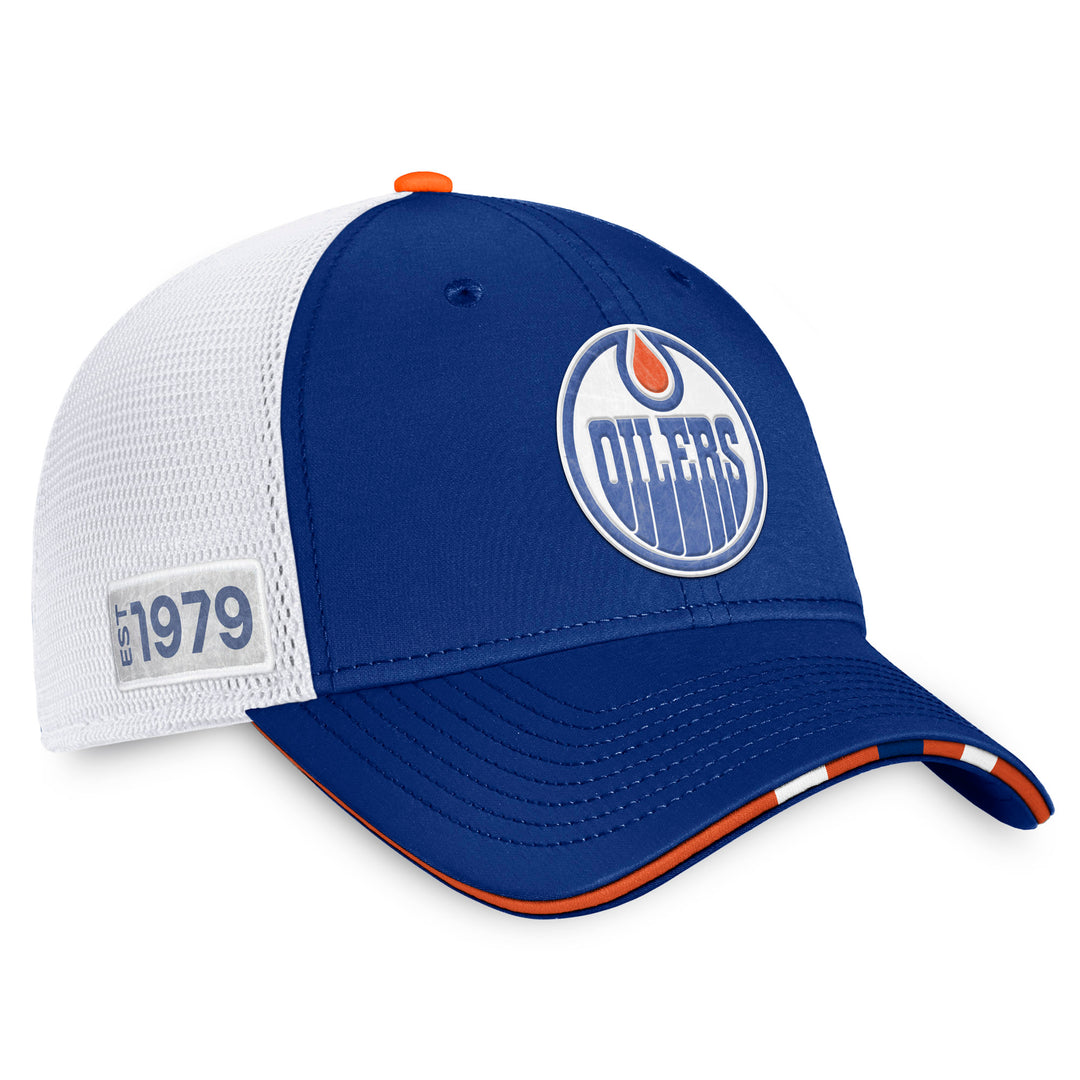 Edmonton Oilers Fanatics Blue/White 2022 NHL Draft Pro On Stage Snapback Trucker Hat