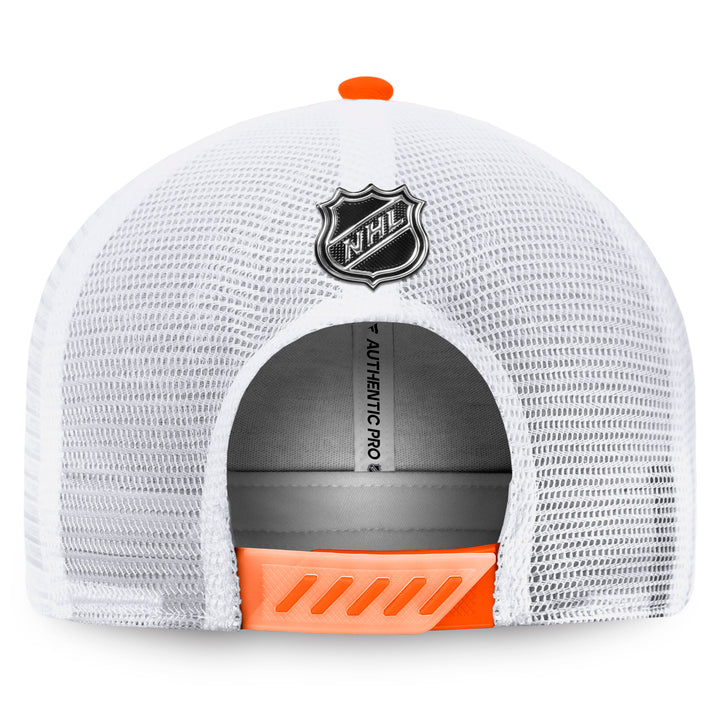 Edmonton Oilers Fanatics Blue/White 2022 NHL Draft Pro On Stage Snapback Trucker Hat