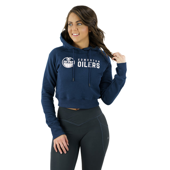 Edmonton Oilers Women's Flatout Apparel Navy Cropped Hoodie