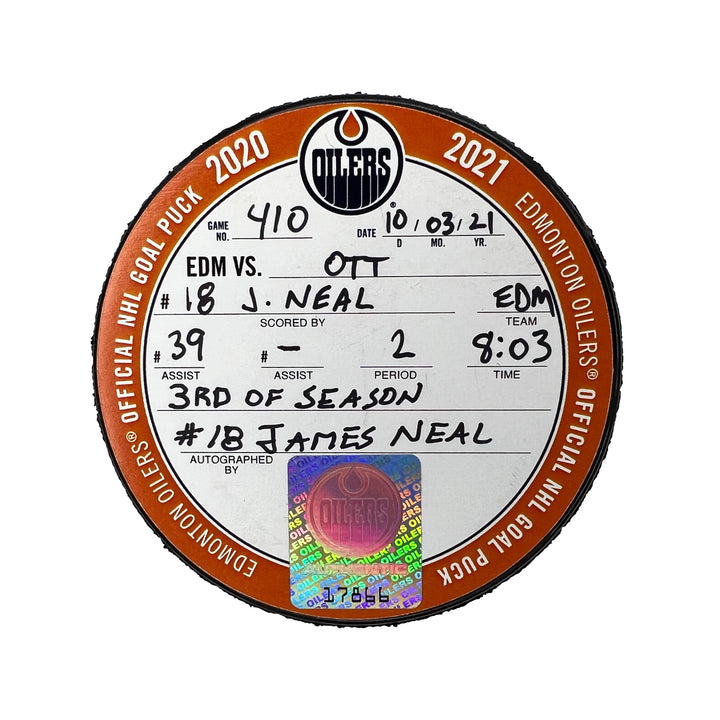 James Neal Autographed Edmonton Oilers Goal Puck - Mar. 10/2021 vs Ottawa Senators