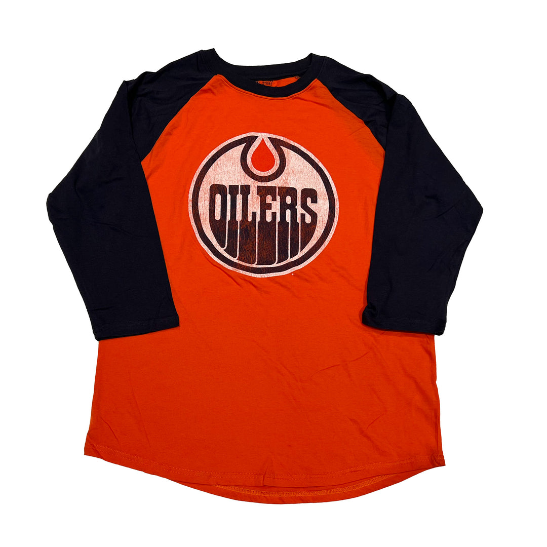 Edmonton Oilers Orange Distressed Raglan Baseball T-Shirt