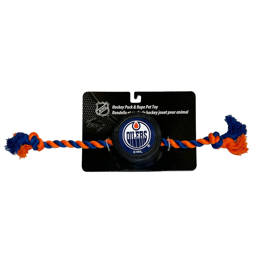 Edmonton Oilers Rubber Hockey Puck and Rope Dog Toy
